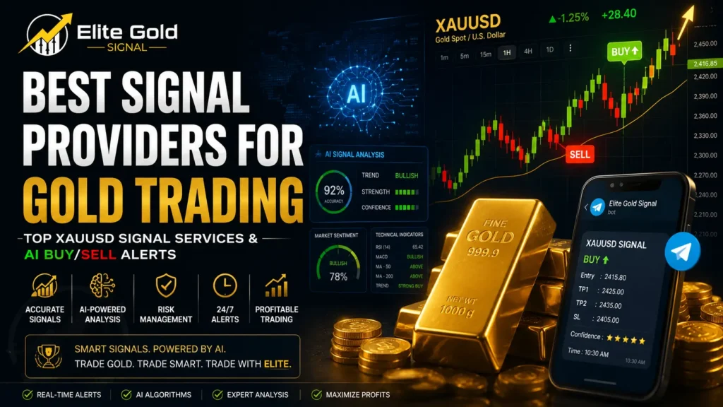 Best Signal Providers for Gold Trading featuring XAUUSD signal services, AI-powered buy and sell alerts, gold bars, trading dashboard, and bullish gold market analysis.