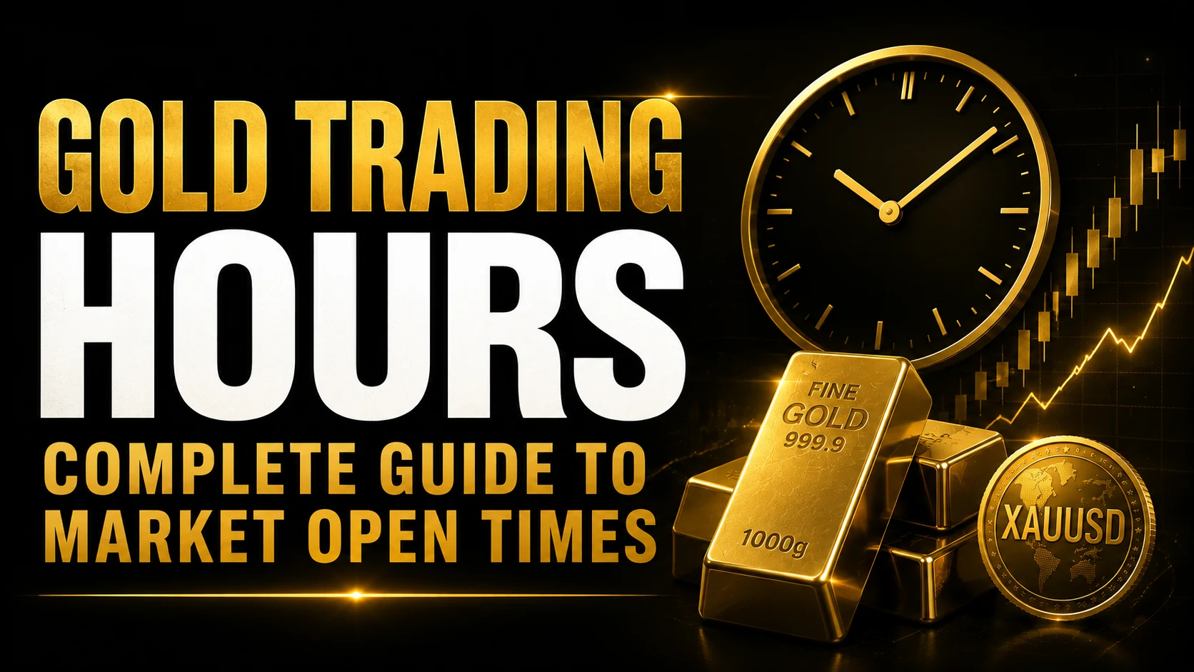 Gold trading hours and gold market open time guide featuring XAU/USD, a 24-hour clock, gold bars, and a gold trading chart on a premium black and gold background.