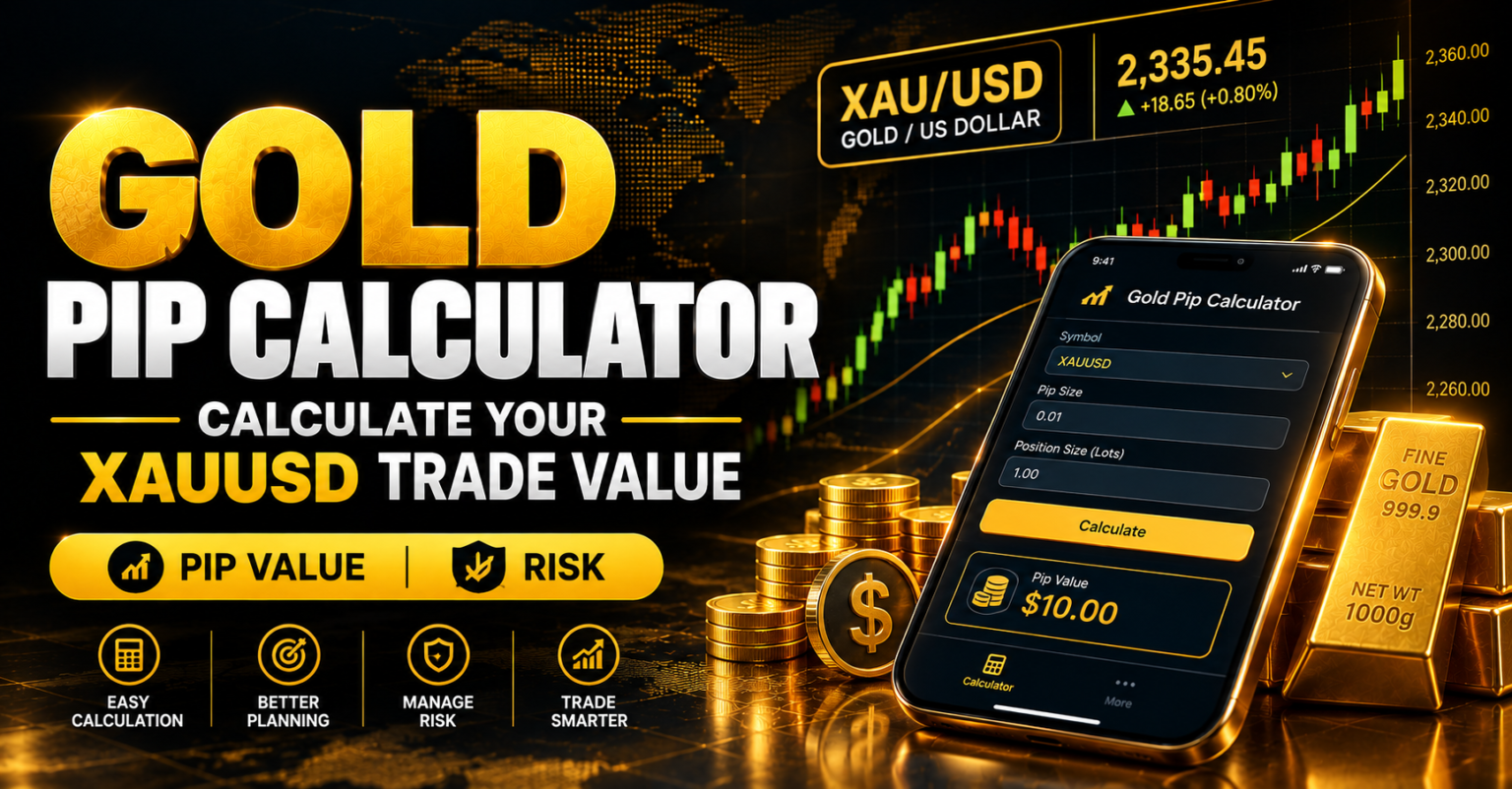 Gold pip calculator for XAUUSD showing a gold price chart, calculator, and gold bars to explain pip value, lot size, and trading risk