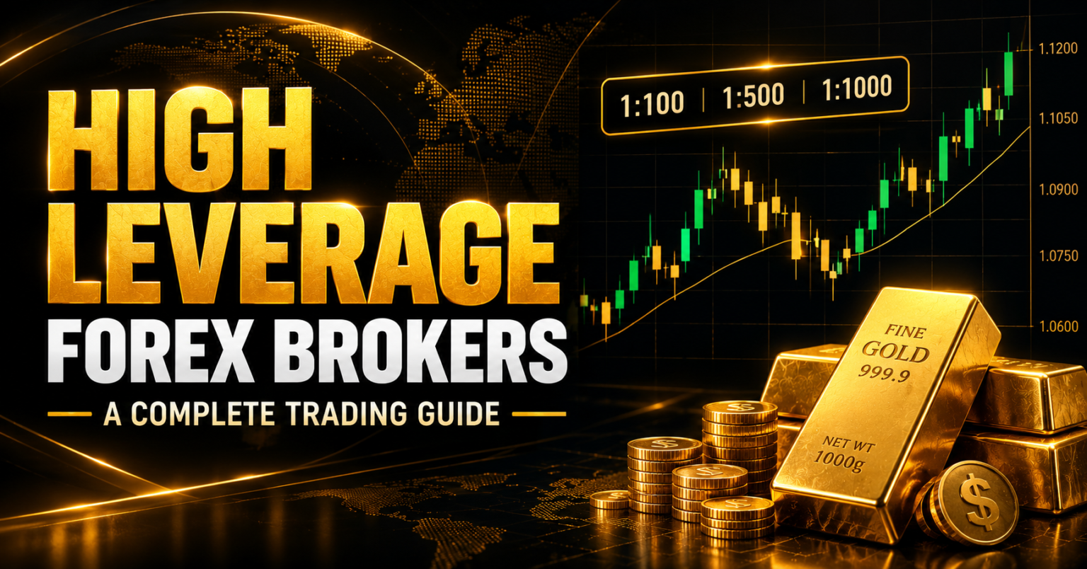 High leverage forex brokers featuring forex trading charts, leverage ratios, and gold bars Copy alt text